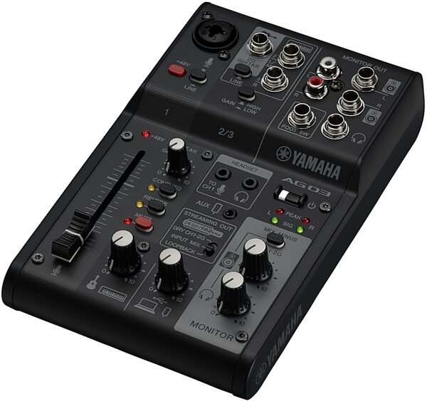 open zoom image for Yamaha AG03MK2 Livestreaming USB Mixer, Black, Angled Front