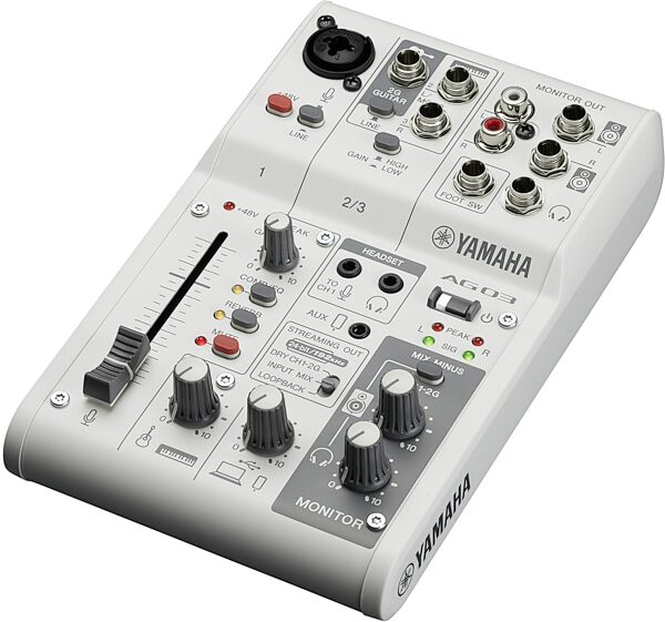 open zoom image for Yamaha AG03MK2 Livestreaming USB Mixer, White, Angled Front