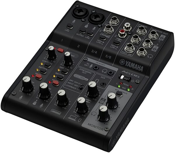 open zoom image for Yamaha AG06MK2 Livestreaming USB Mixer, Black, Angled Front