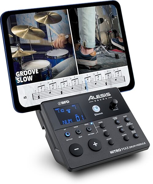 open zoom image for Alesis Nitro Max Electronic Drum Set, 8-Piece, Red/Black, Action Position Back