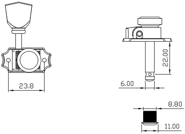 open zoom image for Allparts True Lok Vintage 3x3 Locking Guitar Tuners, Nickel, Action Position Front