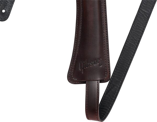 open zoom image for Gibson The Modern Vintage Mini Leather Guitar Strap, Cherry Brown, Action Position Front