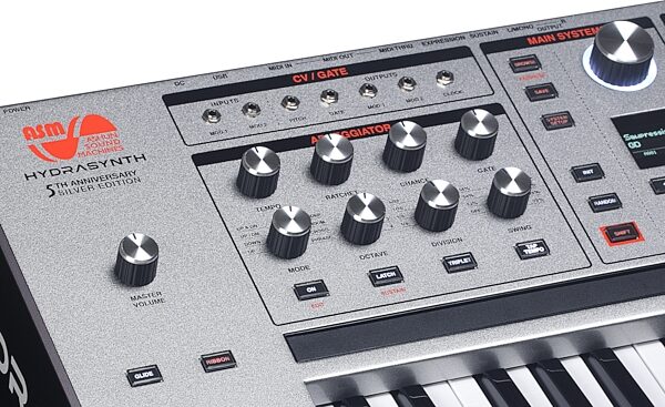 open zoom image for ASM Ashun Sound Machines Hydrasynth 5th Anniversary Edition Keyboard Synthesizer, 49-Key, Silver, Angled Control Panel
