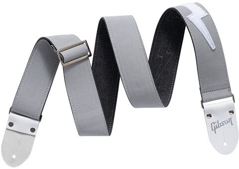 open zoom image for Gibson The Vintage Bolt Guitar Strap, Gray, Action Position Front