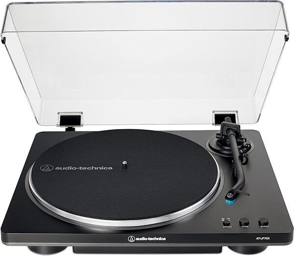 open zoom image for Audio-Technica AT-LP70X Fully-Automatic Belt-Drive Turntable, Black/Gray, Open Box (Like New), Action Position Front