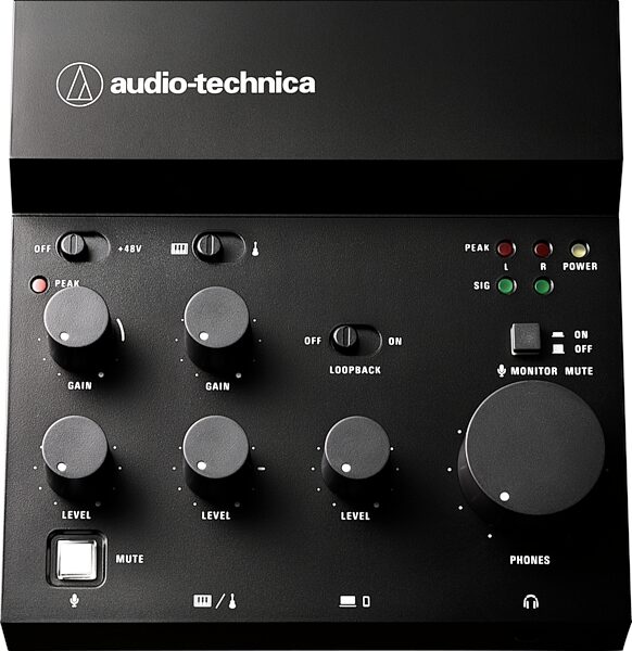 open zoom image for Audio-Technica AT-UMX3 USB Desktop Audio Mixer, Black, Action Position Front