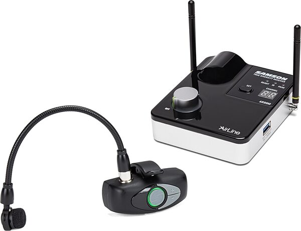 open zoom image for Samson AirLine AWXm Micro Wind Instrument Wireless Microphone System, Band D (542 - 566 MHz), Open Box (Like New), Action Position Front