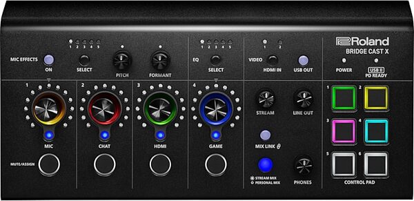 open zoom image for Roland Bridge Cast X Dual-Bus Gaming Audio Mixer and Video Capture, New, Action Position Front