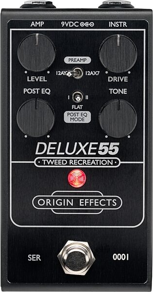 open zoom image for Origin Effects Deluxe55 Tweed Recreation Overdrive Pedal, Black Edition, Action Position Back