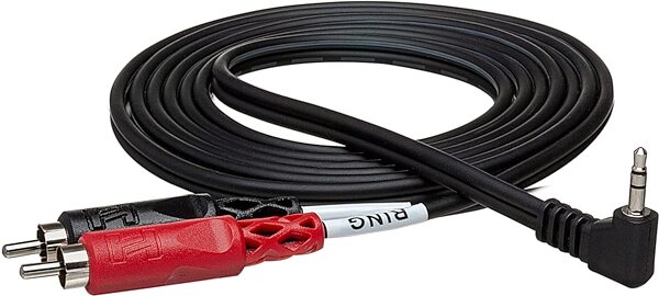 open zoom image for Hosa Stereo Right Angle 1/8" TRS to Two RCA Cable, 3 foot, CMR-203R, Action Position Back