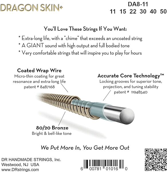 open zoom image for DR Strings Dragon Skin Plus Coated 80/20 Bronze Acoustic Guitar String Set, Custom Light, 11-50, DA8-11, Boxshot Back