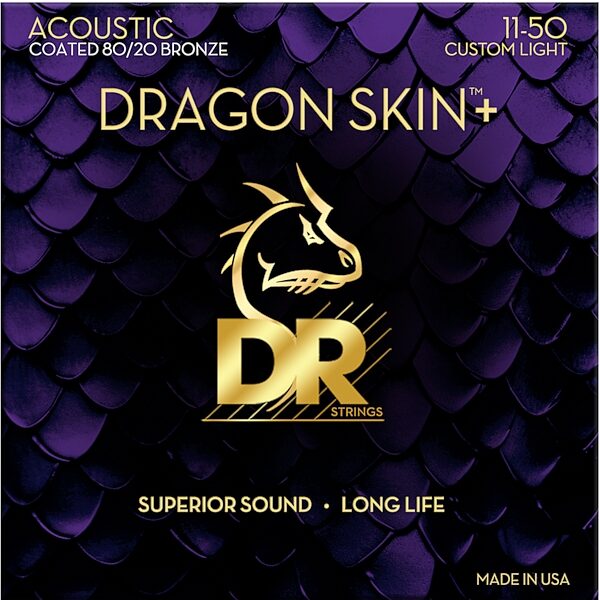 open zoom image for DR Strings Dragon Skin Plus Coated 80/20 Bronze Acoustic Guitar String Set, Custom Light, 11-50, DA8-11, Action Position Back