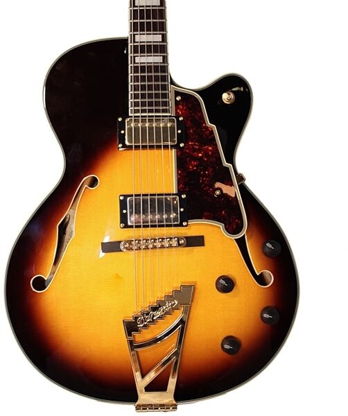 open zoom image for D'Angelico EXDH Hollowbody Electric Guitar (with Case), Vintage Sunburst Closeup