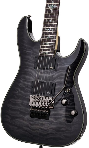 open zoom image for Schecter Damien Elite FR Electric Guitar with Floyd Rose, See Thru Black Closeup