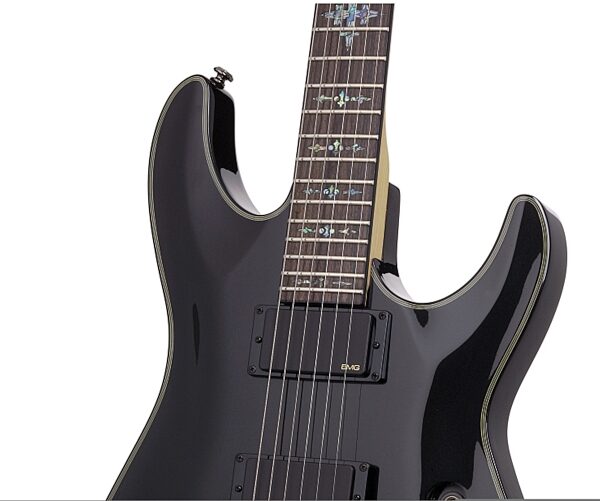 open zoom image for Schecter Damien Elite Electric Guitar, Metallic Black Closeup