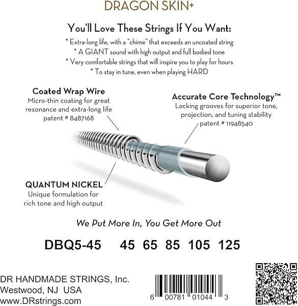 open zoom image for DR Strings Dragon Skin Plus Coated Quantum Nickel 5-String Bass Set, Medium 5-String, 45-125, DBQ5-45, Boxshot Back