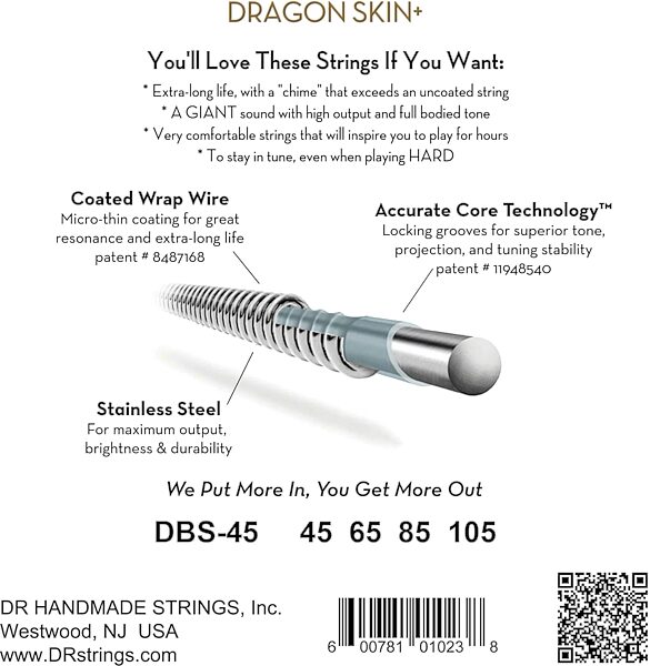 open zoom image for DR Strings DBS-45 Dragon Skin Plus Bass String Set, New, Boxshot Back