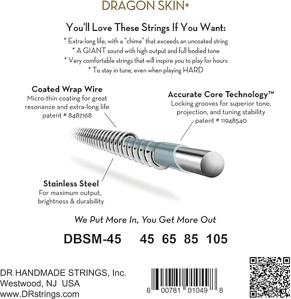 open zoom image for DR Strings DBSM-45 Dragon Skin Plus Stainless Steel Multiscale 4-String Bass Set, Medium Multi-Scale, 45-105, DBSM-45, Boxshot Back