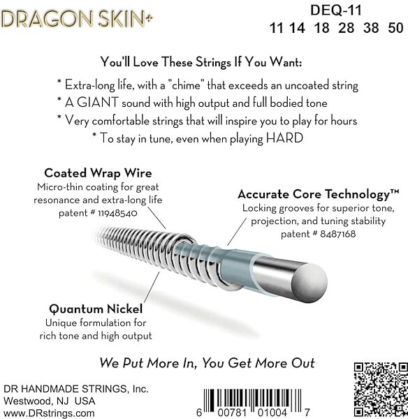 open zoom image for DR Strings Dragon Skin Plus Coated Quantum Nickel 6-String Electric Guitar Set, Heavy, 11-50, DEQ-11 , Boxshot Back