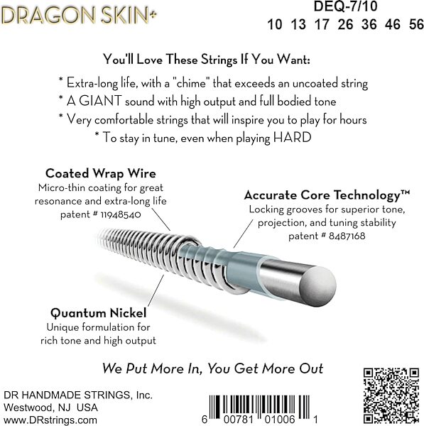 open zoom image for DR Strings Dragon Skin Plus Coated Quantum Nickel 7-String Electric Guitar Set, Medium 7-String, 10-56, DEQ7-10, Boxshot Back