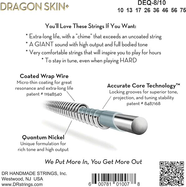 open zoom image for DR Strings Dragon Skin Plus 8-String Electric Guitar String Set, DEQ-8/10, Boxshot Back