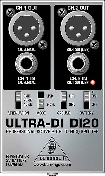 open zoom image for Behringer DI20 Ultra-DI 2-Channel Active DI Box/Splitter, Front