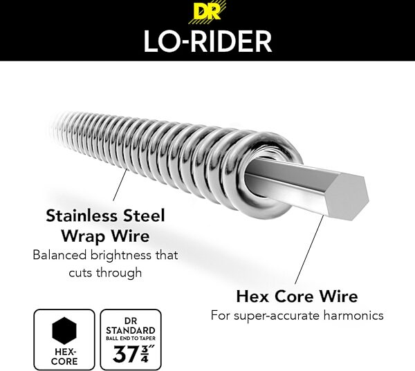 open zoom image for DR Strings Lo-Rider Stainless Steel Bass 5-String Pack, Medium/Heavy, 45-130, Detail Front