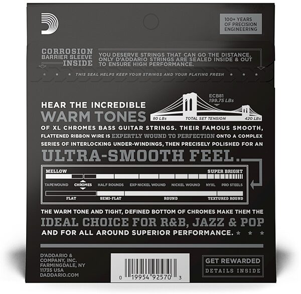 open zoom image for D'Addario ECB81 Chromes Flatwound Bass Strings (Regular Light, Long Scale), New, view