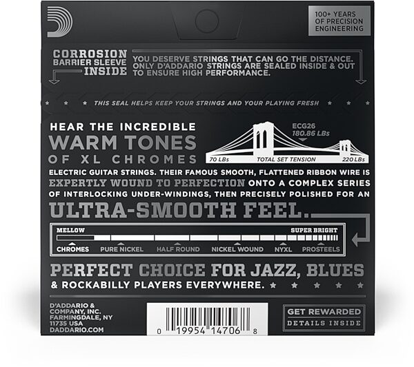 open zoom image for D'Addario ECG26 Chromes Flatwound Electric Guitar Strings (Medium Gauge, 13-56), New, view