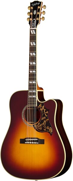open zoom image for Epiphone Inspired by Gibson Custom Hummingbird Deluxe EC Acoustic Guitar (with Soft Case), Autumn Burst, Action Position Back