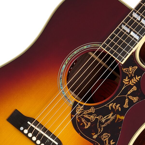 open zoom image for Epiphone Inspired by Gibson Custom Hummingbird Deluxe EC Acoustic Guitar (with Soft Case), Autumn Burst, Action Position Back