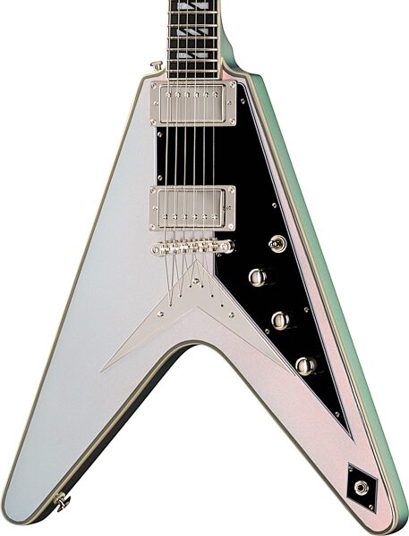 open zoom image for Epiphone Futura Flying V Custom Electric Guitar (with Gig Bag), Quicksilver Shift, Action Position Back