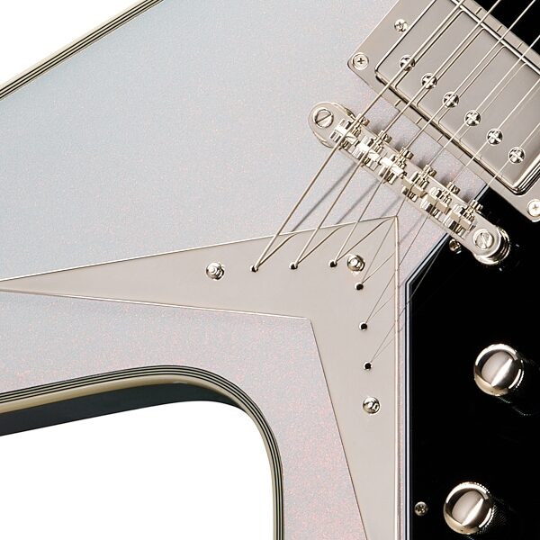 open zoom image for Epiphone Futura Flying V Custom Electric Guitar (with Gig Bag), Quicksilver Shift, Action Position Back
