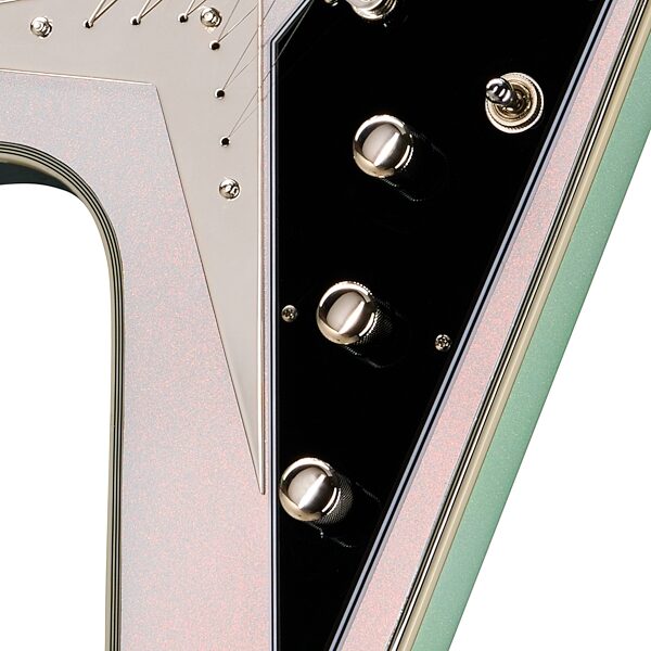 open zoom image for Epiphone Futura Flying V Custom Electric Guitar (with Gig Bag), Quicksilver Shift, Action Position Back