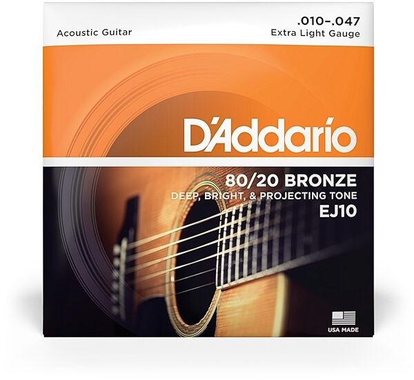 open zoom image for D'Addario 80/20 Bronze Acoustic Guitar Strings, Extra Light, 10-47, EJ10, view