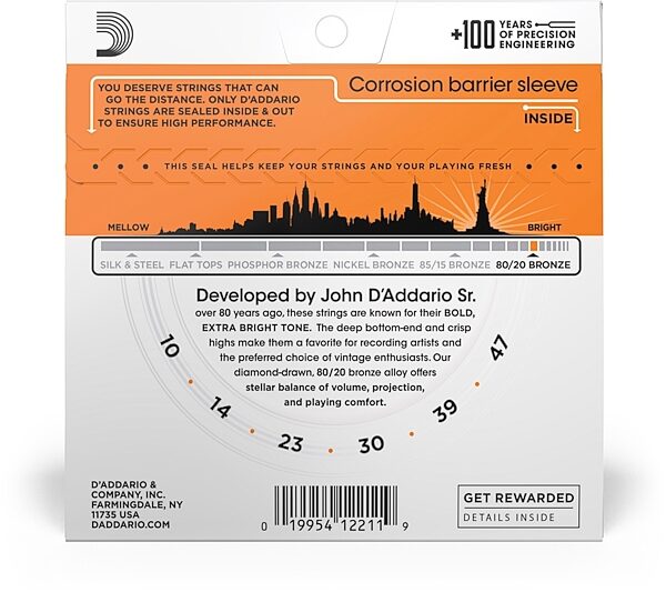 open zoom image for D'Addario 80/20 Bronze Acoustic Guitar Strings, Extra Light, 10-47, EJ10, view