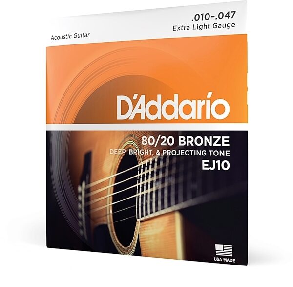 open zoom image for D'Addario 80/20 Bronze Acoustic Guitar Strings, Extra Light, 10-47, EJ10, main