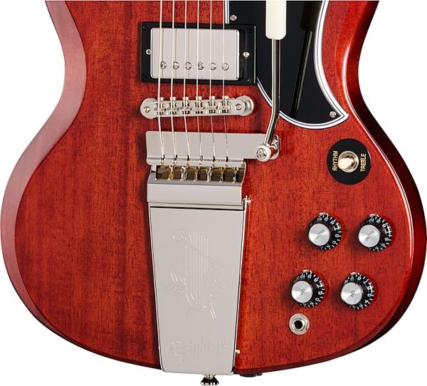 open zoom image for Epiphone Inspired by Gibson Custom 1964 SG Standard Electric Guitar, Maestro Vibrola (with Case), Cherry, Action Position Back