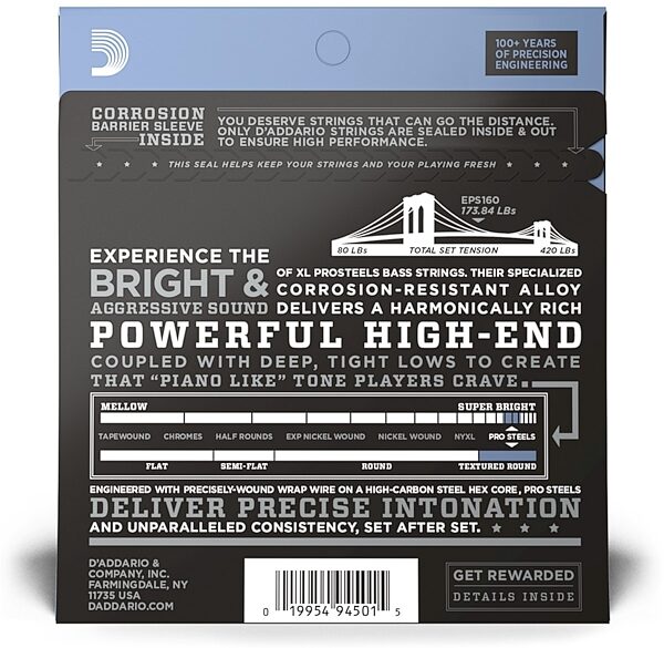 open zoom image for D'Addario EPS160 XL ProSteels Medium Gauge/Long Scale Bass Strings, New, view