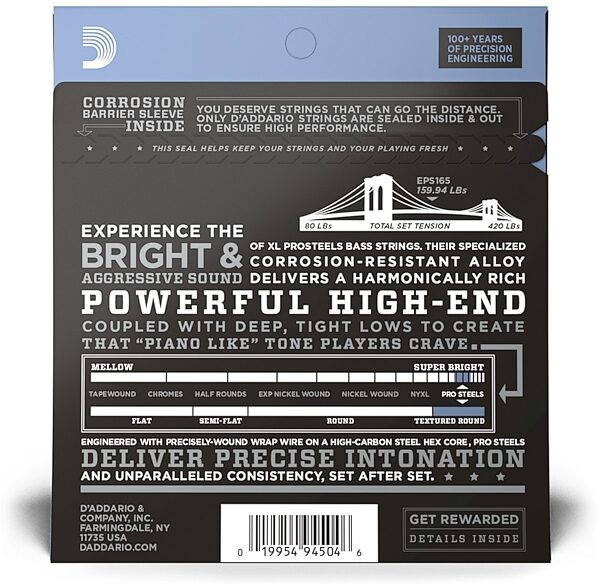 open zoom image for D'Addario EPS165 XL ProSteels Regular Gauge/Long Scale Bass Strings, New, view