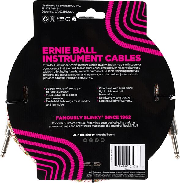 open zoom image for Ernie Ball Braided Instrument Cable, Emerald Argyle, 10 foot, P06426, Action Position Back