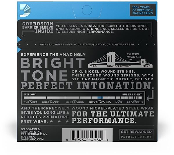 open zoom image for D'Addario EXL115W XL Electric Guitar Strings (Blues/Jazz Rock, Wound Third, 11-49), New, view