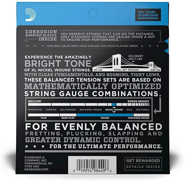 open zoom image for D'Addario EXLBT Balanced Tension Nickel Wound Electric Bass Strings, Medium, 50-120, EXL160BT, view