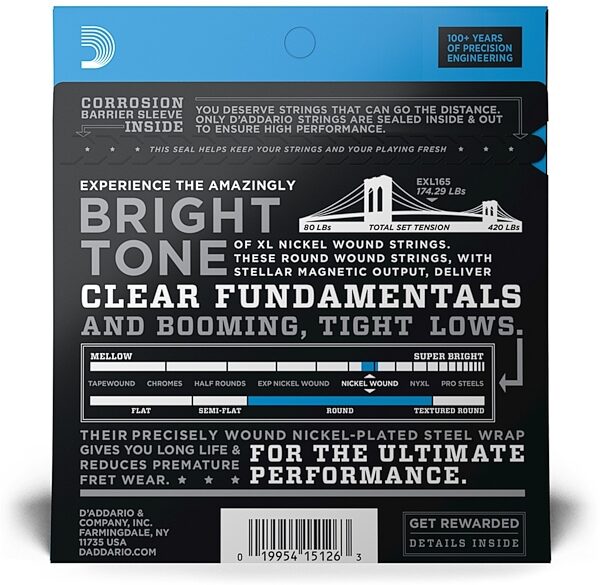 open zoom image for D'Addario EXL165 XL Nickel Wound Bass Strings (Long Scale), New, view