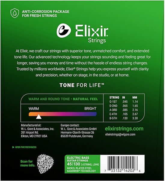 open zoom image for Elixir Nanoweb Nickel-Plated Steel Electric Bass Strings, 5-String, Light, Long Scale, 14202, View3