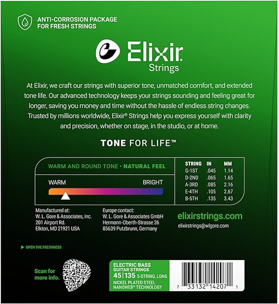 open zoom image for Elixir Nanoweb Nickel-Plated Steel Electric Bass Strings, 5-String, Light/Medium, Long Scale, 14207, View3