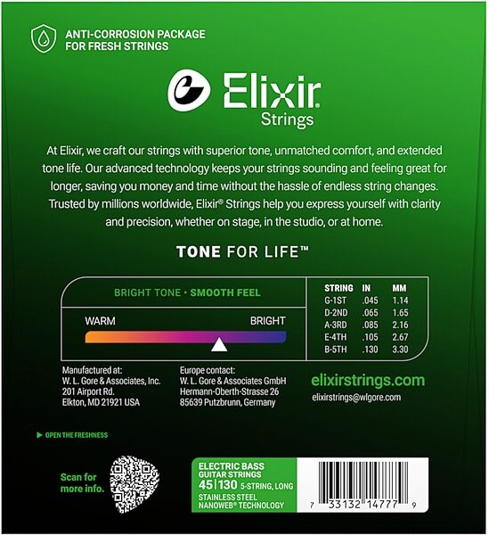open zoom image for Elixir Nanoweb Stainless Steel Electric Bass Strings, 5-String, Light, 14777, Long Scale, View3