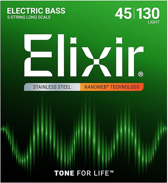 open zoom image for Elixir Nanoweb Stainless Steel Electric Bass Strings, 5-String, Light, 14777, Long Scale, Main