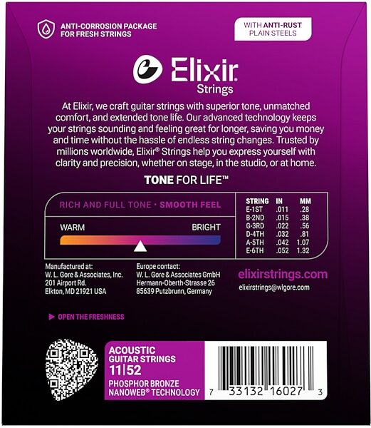 open zoom image for Elixir Phosphor Bronze Nanoweb Acoustic Guitar Strings, Custom Light, 16027, View3