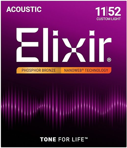 open zoom image for Elixir Phosphor Bronze Nanoweb Acoustic Guitar Strings, Custom Light, 16027, Main